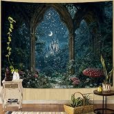 Haibimen Fantasy Castle Tapestry Wall Hanging Enchanted Gothic Arch Mushroom Forest Starry Night Moonlit Palace Magical Landscape Tapestry for Bedroom Living Room Home Decor