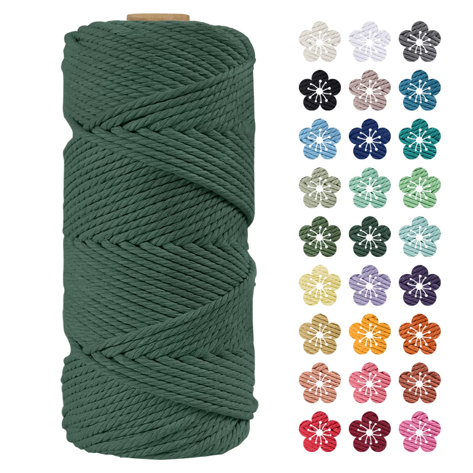 LEREATI Macrame Cord 4mm x 100m, Thick Macrame Rope Natural Cotton Rope Craft String, 4 Strand Twisted Cotton Cord Yarn for DIY Plant Hanger, Wall Hanging, Christmas Decoration (Dark green)