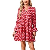 LADYFUL Womens Printed Mini Dress Long Sleeve V Neck Tiered Flowy Swing Summer Vacation Beach Short Tunic Dress