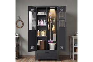 DWVO Metal Garage Storage Cabinet with Pegboard, 71" Tall Broom Cabinet with Lights, Adjustable Shelves, Heavy Duty Tool Storage Cabinet for Garage, Cleaning Room, Gym