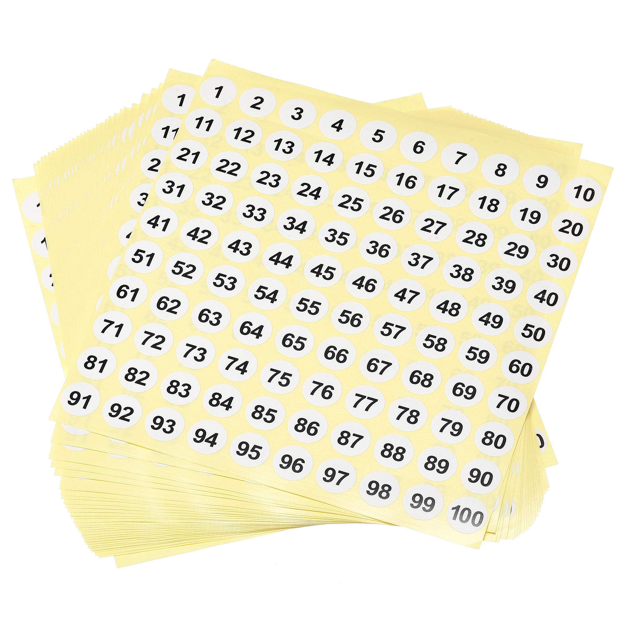 sourcing map Round Number Stickers, 15mm Dia Number 1-100 Coated Paper Label 30 Sheets, Black Word/White Background