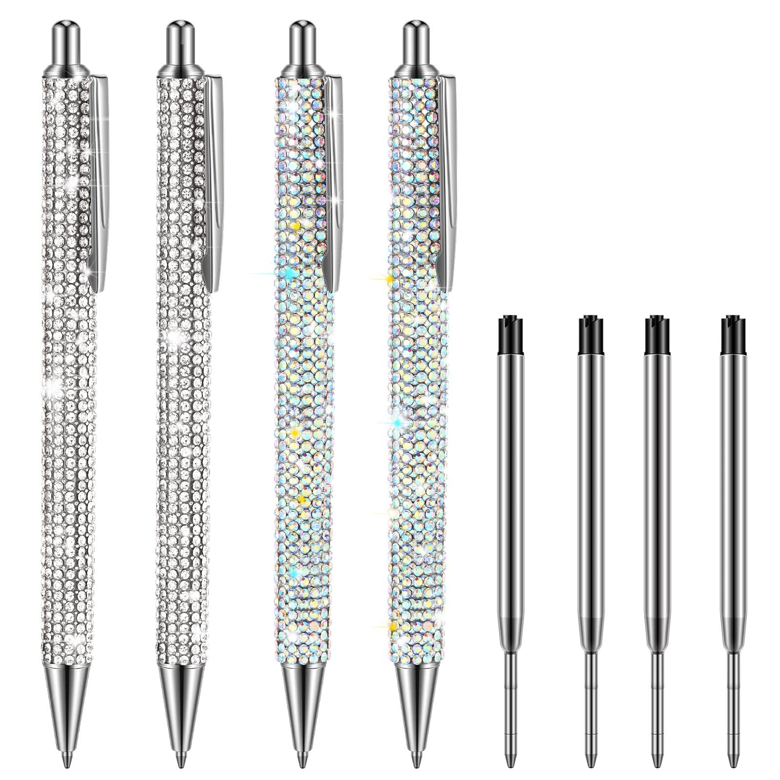 Photo 1 of Ireer 4 Pcs Bling Rhinestone Sparkly Pens for Women Diamond Crystal Glitter Pen Metal Ballpoint Fancy Ink Pens 4 Pcs 1.0mm Refills Bling Desk Accessories for Office(Silver, AB Silver)