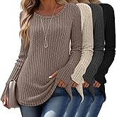 Velvelhall 4 Pack Women's Long Sleeve Sweaters with Thumb Holes Crew Neck Tunic Tops Fall Loose Fit Shirts Ribbed Curved Hem