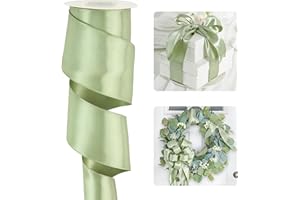 HUIHUANG Sage Green Satin Wired Ribbon 2.5 inch Double-faced Satin Wire Edge for Bows, Gift Wrapping, Spring Wreaths, Garland, Wedding Decorations, Crafts, Christmas Tree-Continous 10 Yards