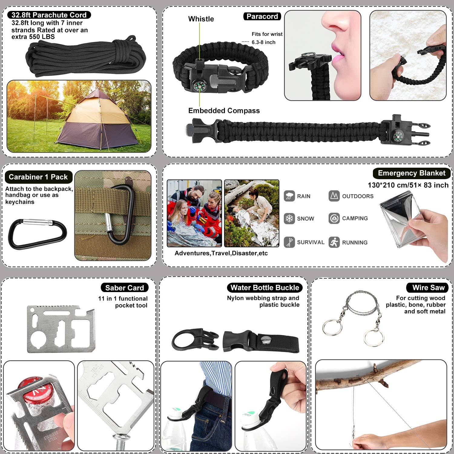 ProCase Survival Kit (40 in 1) for Camping Hiking, Outdoor Gear Tool and Equipment with Survival Bracelet, Fire Starter, Compass, Medical Supplies, Gifts for Men Dad Boyfriend Fathers Day -Black: Sports & Outdoors