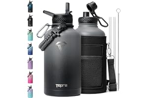 Topre 64 oz Insulated Water Bottle,Half Gallon Water Flask Stainless Steel Vacuum, Cold for 48 Hrs,BPA-Free & Leakproof -with Paracord Handle, Strap,Straw Spout Lids,Large Jug for Gym,Grey