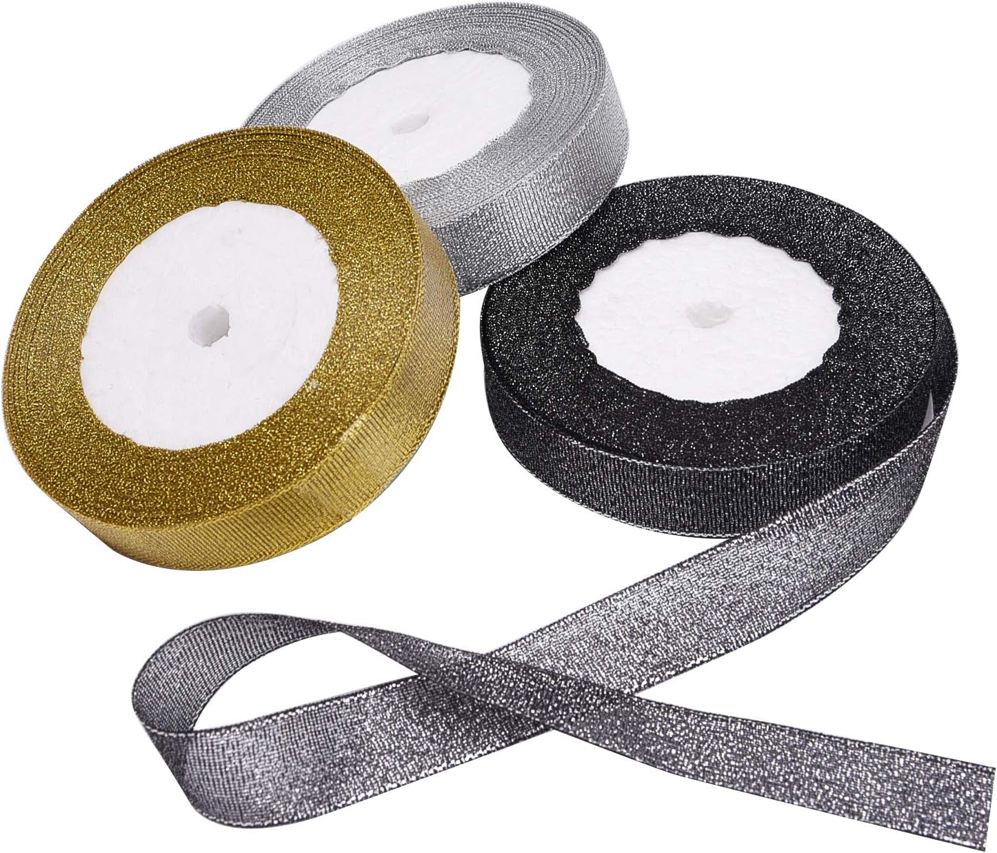 Livder 3 Rolls 75 Yard Metallic Glitter Ribbon for Gift Wrapping Birthday Holiday Graduation Party Decoration (Golden, Silvery, Silver-Black): Health & Personal Care