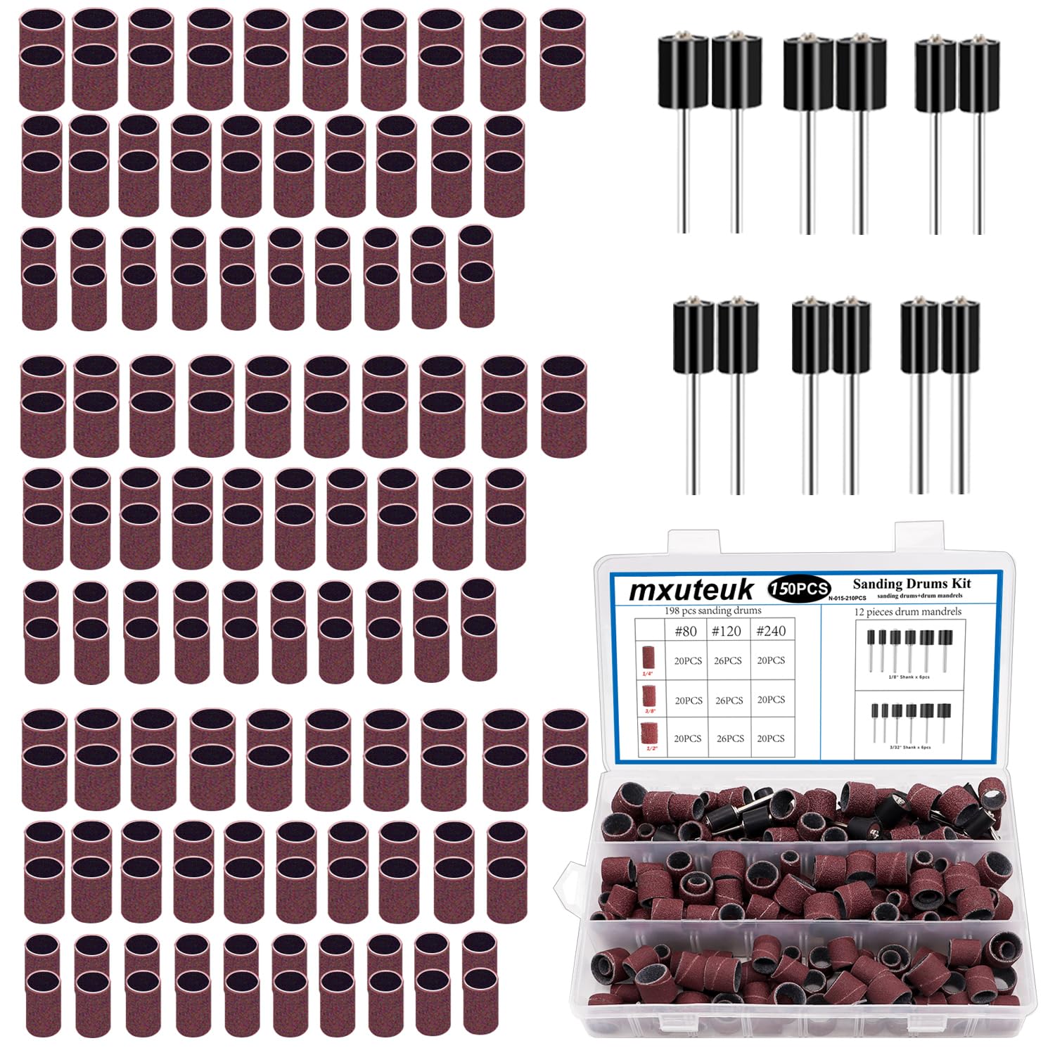 mxuteuk Sanding Drum Set,Including 138 Pieces Aluminum Oxide 80 120 240Grit Drum Sander Sanding Sleeves and 12 Pieces Drum Mandrels for Dremel Rotary Tool,Sanding Drums with Box