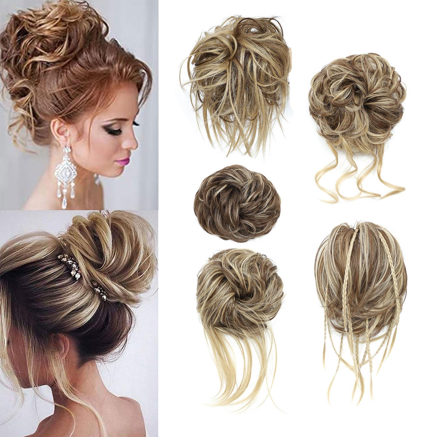5 PCS Messy Bun Scrunchies Curly Wavy Messy Bun Hair Pieces for Women Hair Scrunchie HAIR Updo Accessories - Coffee Brown to Bleach Blonde