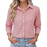 Kistore Womens Button Down Shirts Striped Linen Long Sleeve Blouses Business Casual Office Work Tops Loose Fit with Pockets