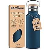Bambaw Insulated Water Bottle 32 oz, Blue Water Bottle Stainless Steel, Reusable Water Bottle, BPA Free Water Bottle, Big Water Bottle 32oz, Cold and Hot Water Bottle – Aegean Blue