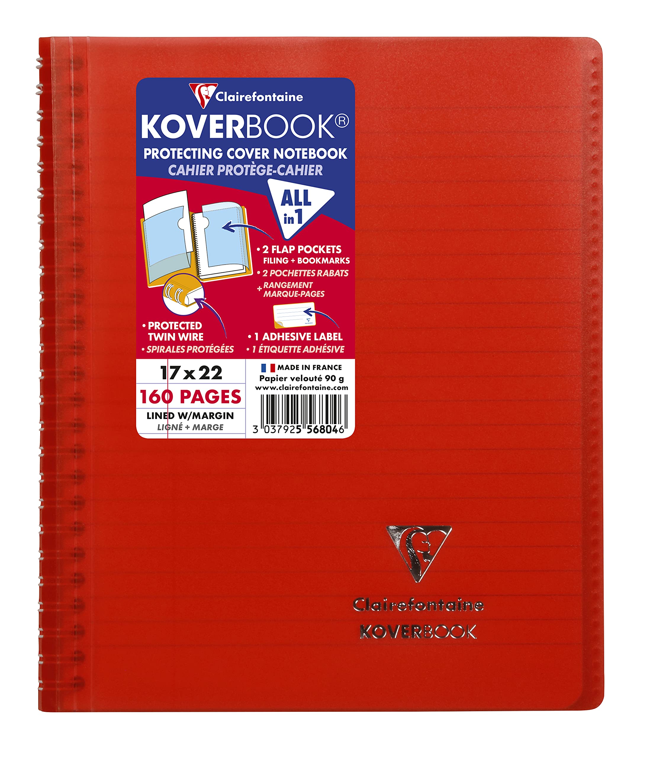 Clairefontaine 556804C - One Red Koverbook Spiral Notebook - Dimensions: 17 cm x 22 cm - 160 Lined Pages with Margin - 90 g White Paper - Polypro Cover
