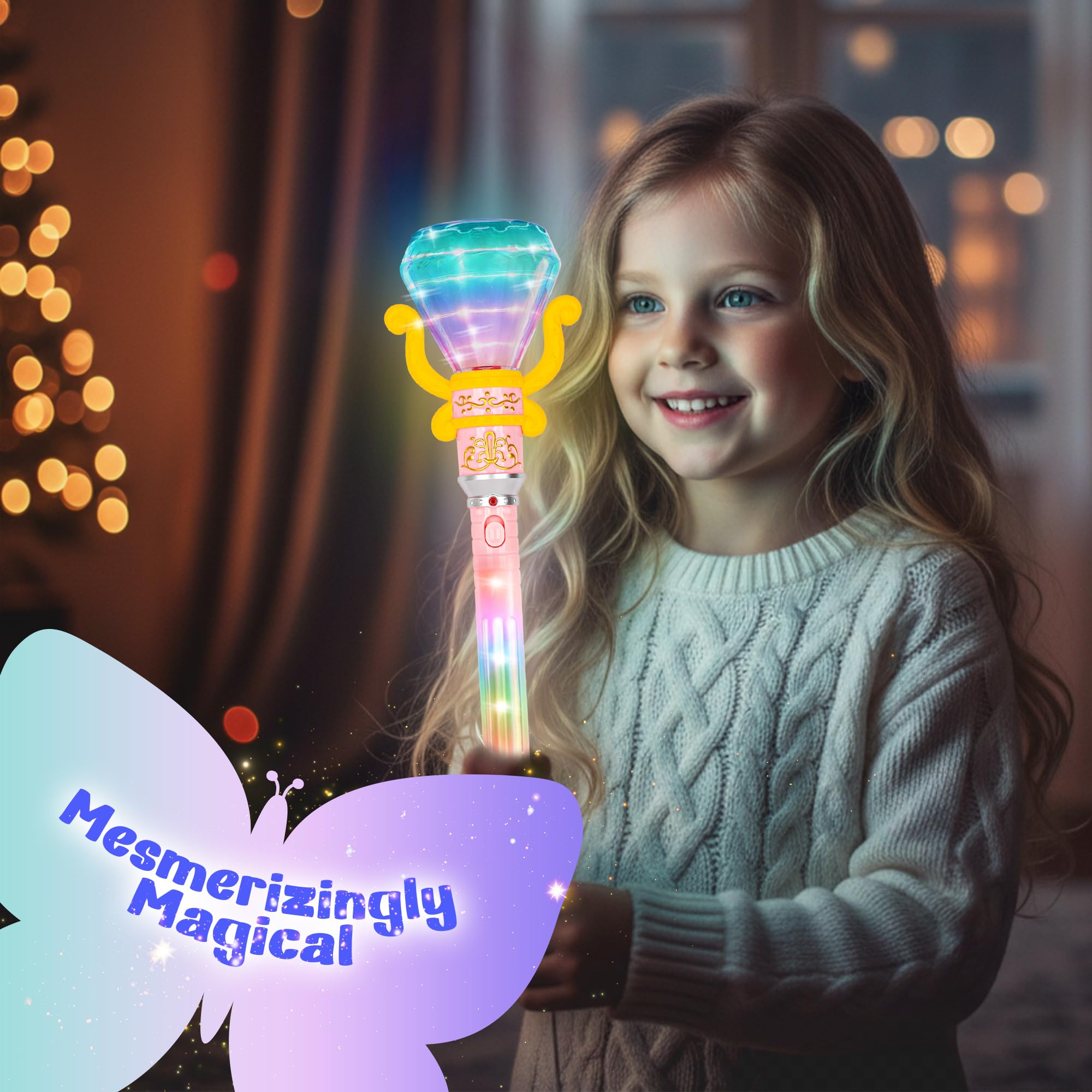 ArtCreativity Light Up Spinning Diamond Princess Wand for Kids - Fairy Wand with Spinning LEDs, Batteries Included - Light Up Wands for Girls and Boys, Perfect Pretend Play Toys