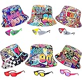 12 Pack Retro 80's 90's Party Bucket Hats With Neon Party Sunglasses, Funny 1980's 1990's Theme Party Hats Set, Retro Photo Booth Props Kit for Hip Hop Parties, Birthday, Wedding, Graduation, Outdoor