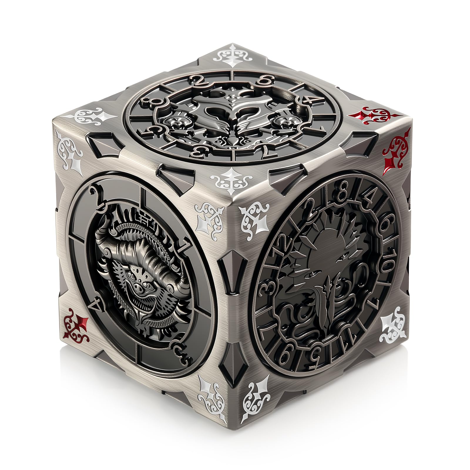商品图片 DNDND 7-in-1 Spinner Dice Cube for DND – Chimera, Mind Flayer, Goristro Themed D&D Dice Collector Set for TTRPG Dungeon Masters and Players – Unique Fantasy RPG Gaming Accessory Gift (Silver)