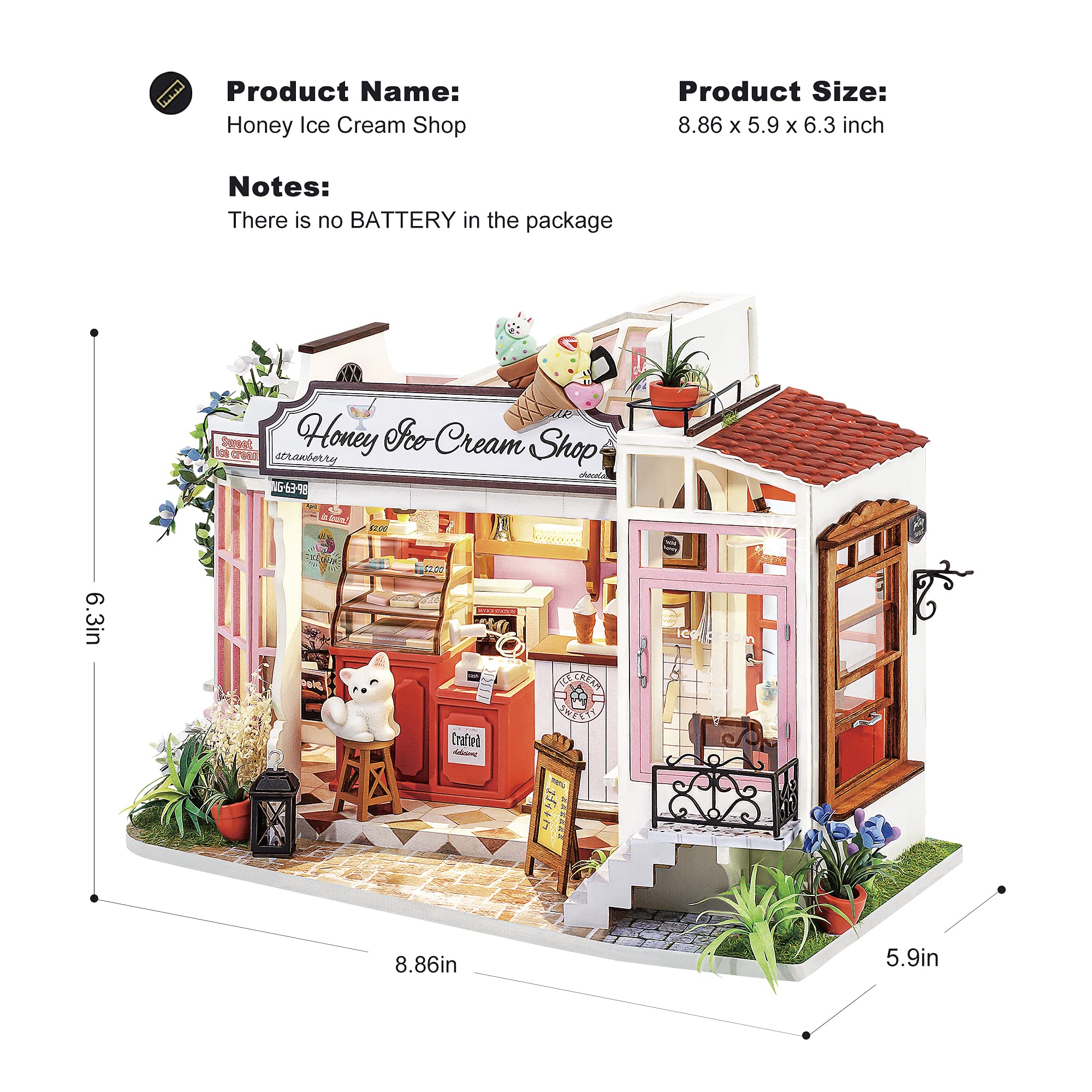 ROBOTIME Dollhouse Miniature with LED Wooden Miniature Craft Kits for Adults DIY Model Ice-Cream Shop Kits Creative Gift