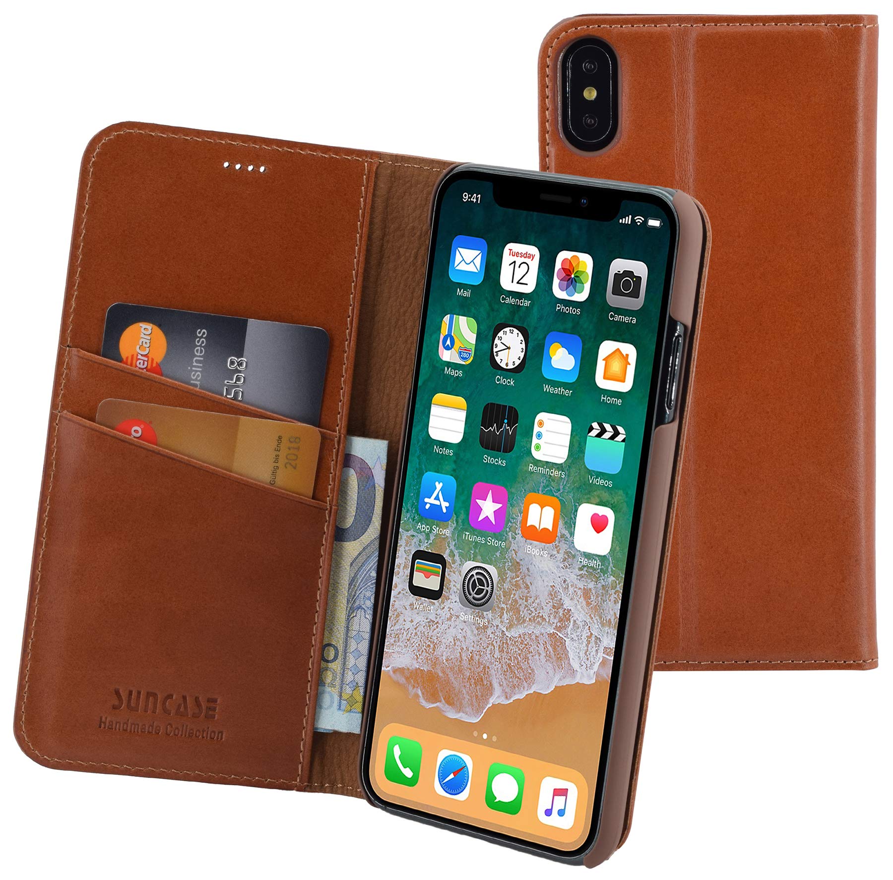 Suncase Handmade Book-Style (Slim Fit) Genuine Leather Protective Wallet Case Compatible with iPhone XS Max (6.5 Inches)