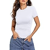 Hilor Women's Cotton Basic Tees Short Sleeve Crew Neck Stretchy Slim Fitted T Shirts Going Out Tops