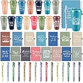 AmazingSpark 45 Pcs Employee Appreciation Gift Bulk 16 oz Plastic Tumbler Cups with Lid Notebooks Pens Bulk Thank You Gifts for Housekeeping Week Christmas Teacher Coworker Team(Macarons,Thank You)