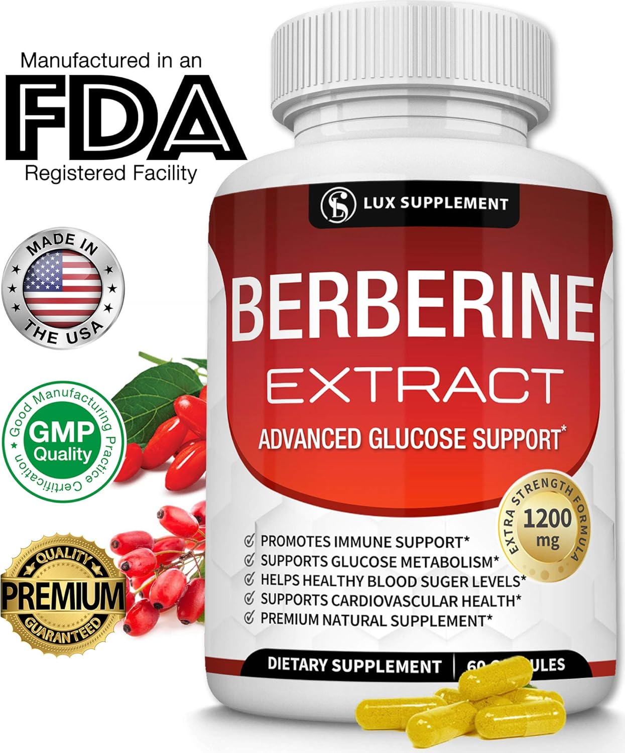 Berberine Extract 1200 mg HCl Complex Premium Strength Berberine Plus