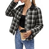 Tankaneo Womens Plaid Cropped Jackets Barn Lightweight Flannel Zip Up Utility Coat Casual Short Jacket with Pockets