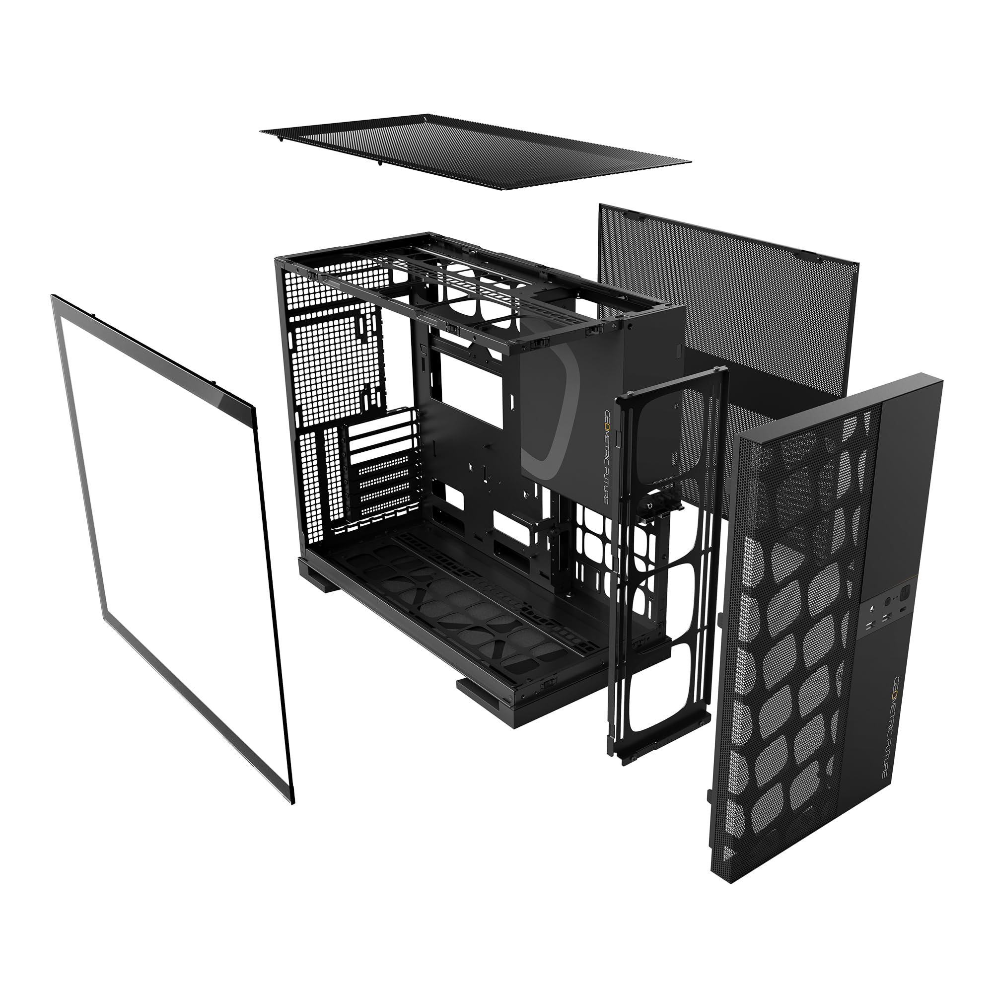 M5 Vent Mesh Panel Tempered Glass Mid Tower, E-ATX/ATX Gaming Case, High Airflow, 1.2mm Steel, Type C, Support 420/360 Radiator, ARGB PWM 140m fan x 5 Pre-Installed, Black, GEO-M5VF-B