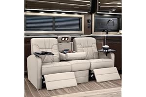 Qualitex De Leon RV Double Recliner Sofa, Ultimate Leather, Heat and Massage, Power Recline, Bisque