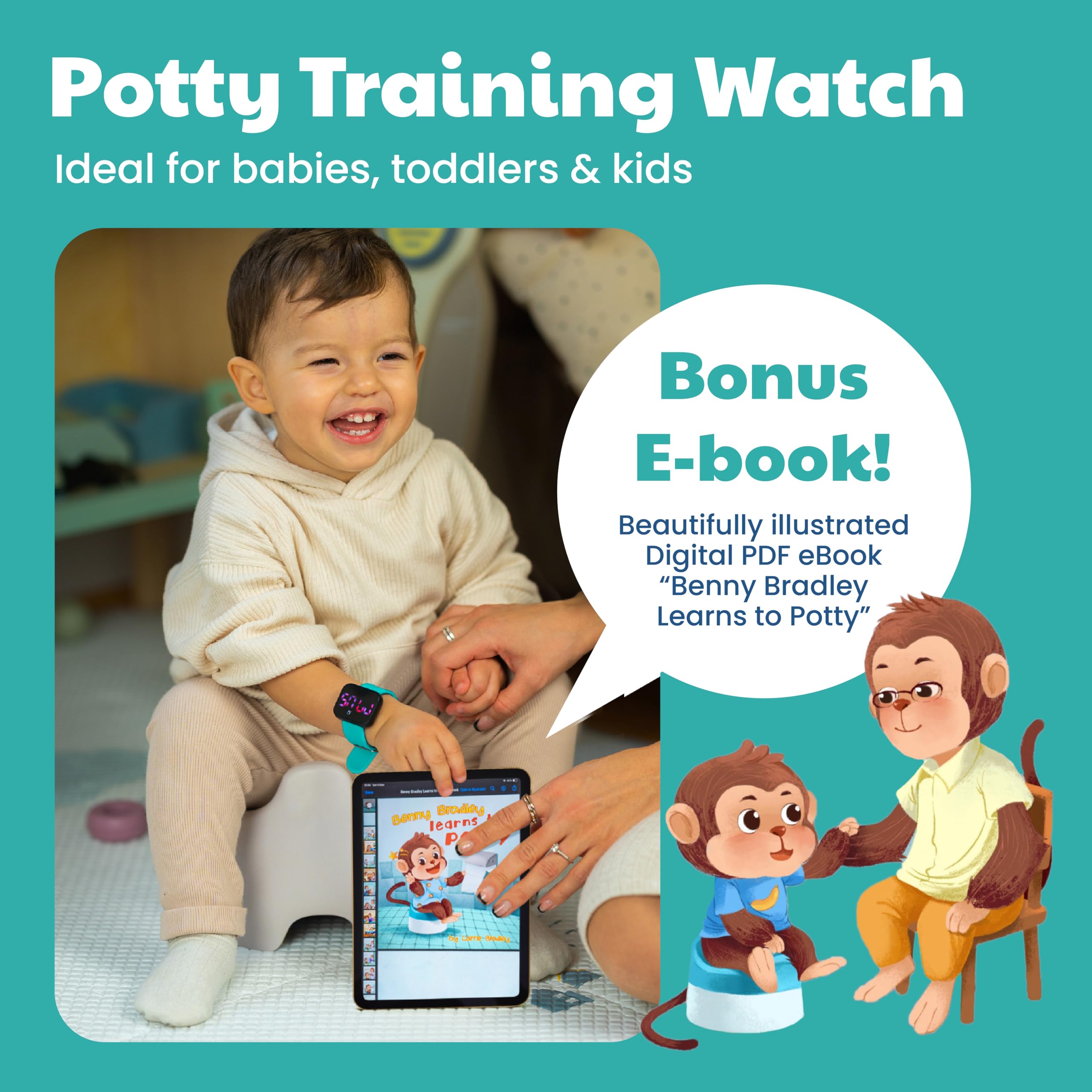Potty Training Watch for Kids V2 – A Water Resistant Potty Reminder Device for Boys & Girls to Train Your Toddler with Fun/Musical & Vibration Interval Reminder with Potty Training eBook (Turquoise)