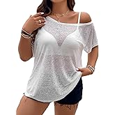 COZYEASE Women's Plus Size Asymmetrical Neck Short Sleeve See Through Sheer Tops Loose Fitted Summer Shirt