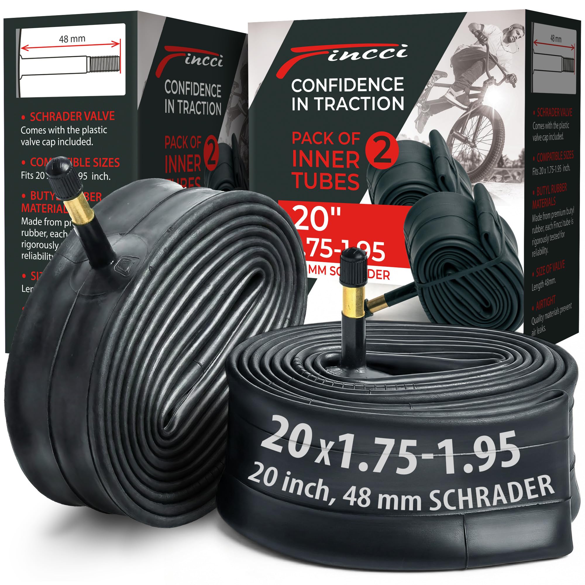 Fincci Bike Inner Tubes 20 x 1.75 x 1.95x 2.0x 2.125" - Pair BMX 20 inch Inner Tube with Auto Schrader Valve 48 mm - for Children's and Teenage bikes, Road & Mountain MTB - Pack of 2 bmx accessories