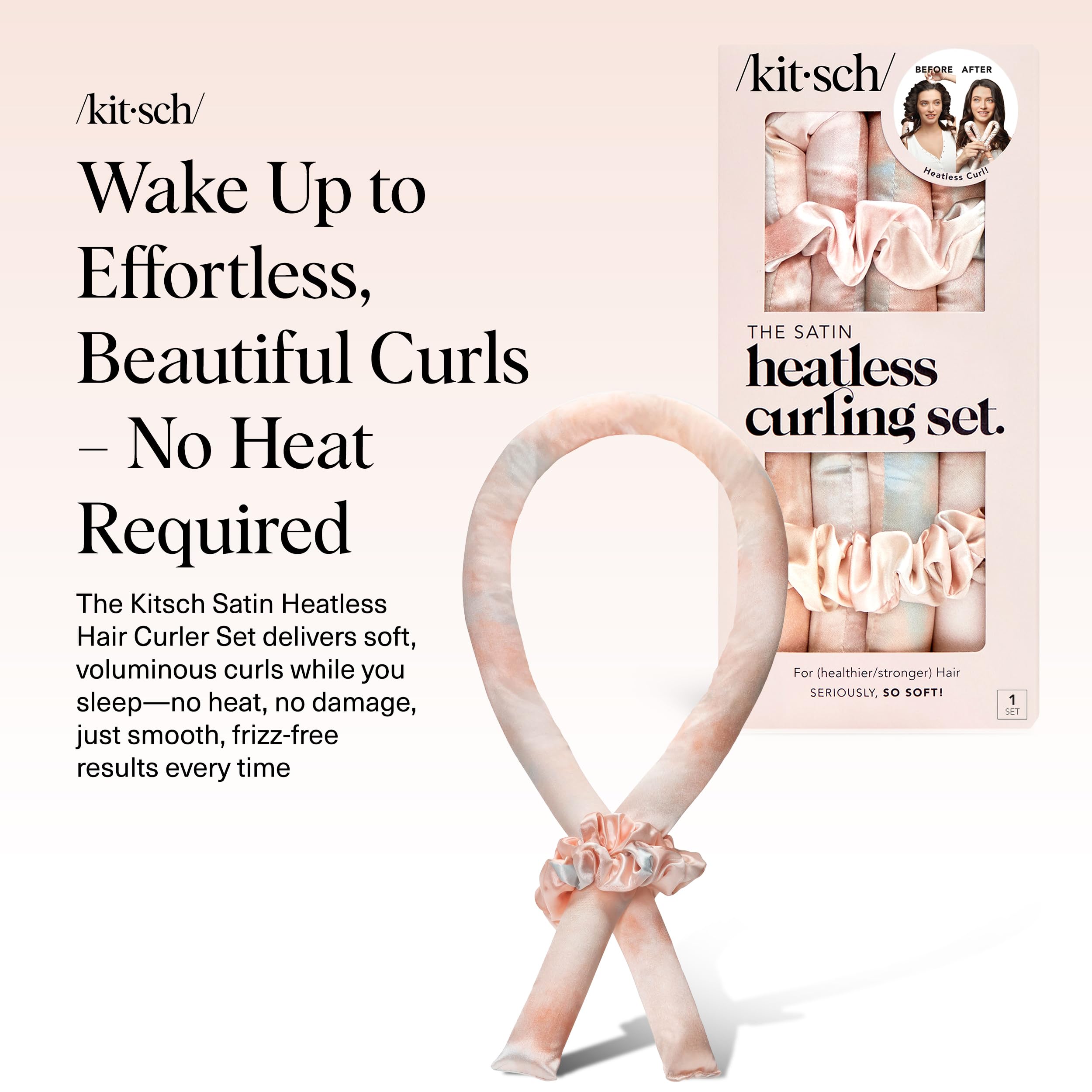 Kitsch Satin Heatless Curling Set – Heatless Curls Overnight with Hair Curler & 2 Satin Scrunchies – Hair Curlers to Sleep In for Overnight Curls – Overnight Blowout Rods – Sunset Tie Dye