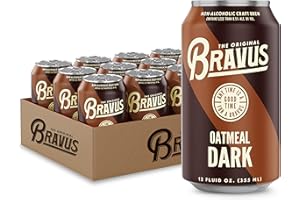 Bravus Non-Alcoholic Brew Oatmeal Dark - 12 Pack x 12 Fl Oz Cans - Low-Calorie, GABF Silver Medal Winner