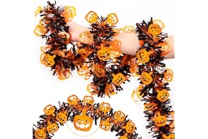 HUYAMAP 33FT Halloween Tinsel Garland with Orange Pumpkin Ornaments, Shiny Metallic Twist Garland Outdoor Indoor Halloween Decorations for Mantel Staircase Fireplace Home Classroom Party Decor
