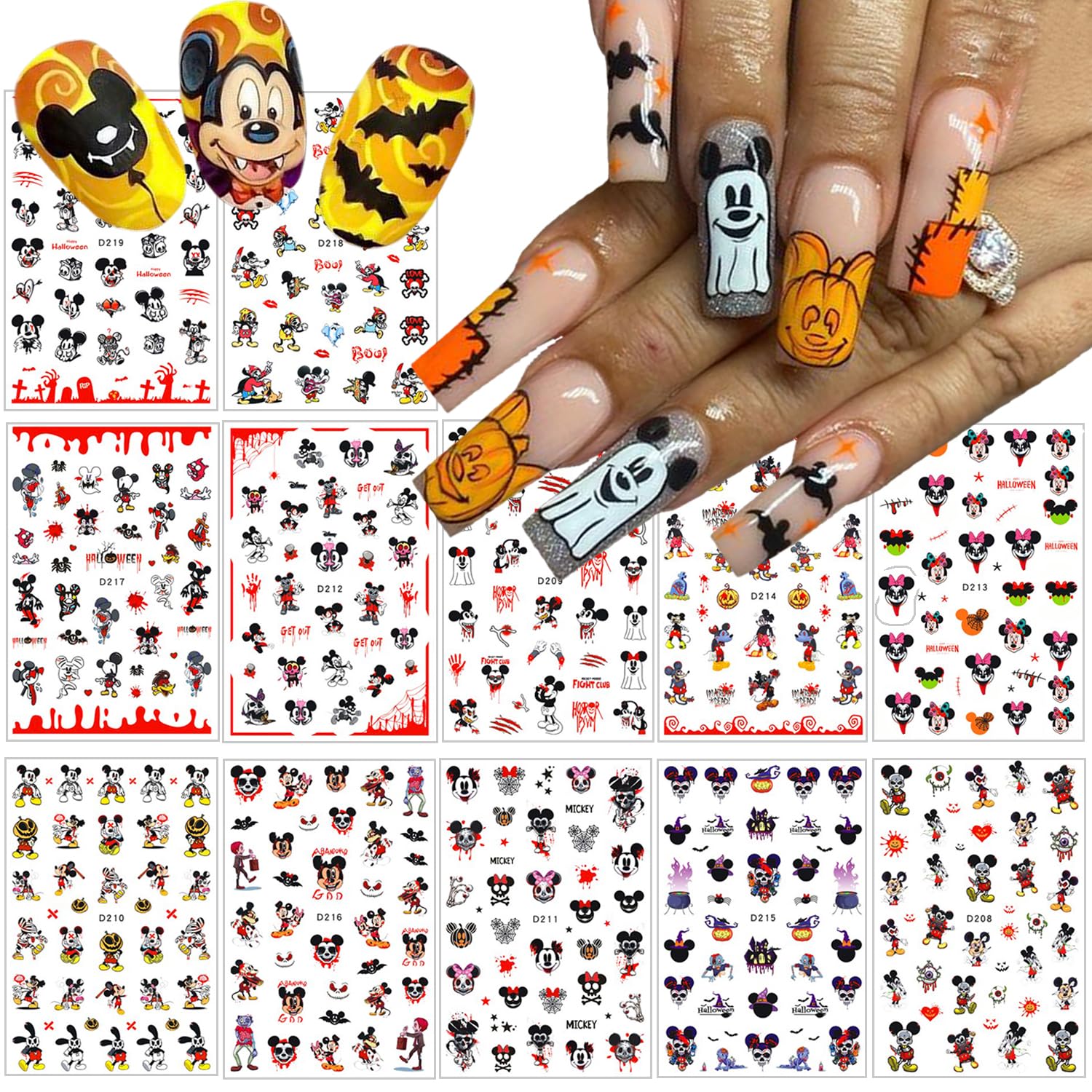 Photo 1 of 12 Sheets Halloween Nail Art Stickers Decals 3D Self Adhesive Cute Halloween Nail Stickers Cute Cartoon Halloween Horror Ghost Wound Bleeding Nail Art Design Decoration Supplies for Acrylic Nail DIY