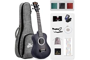 WINZZ HAND RUBBED Series - Concert Ukulele Vintage Hawaiian with Bag, Tuner, Strap, Extra Strings, Fingerboard Sticker, 23 Inches, Black