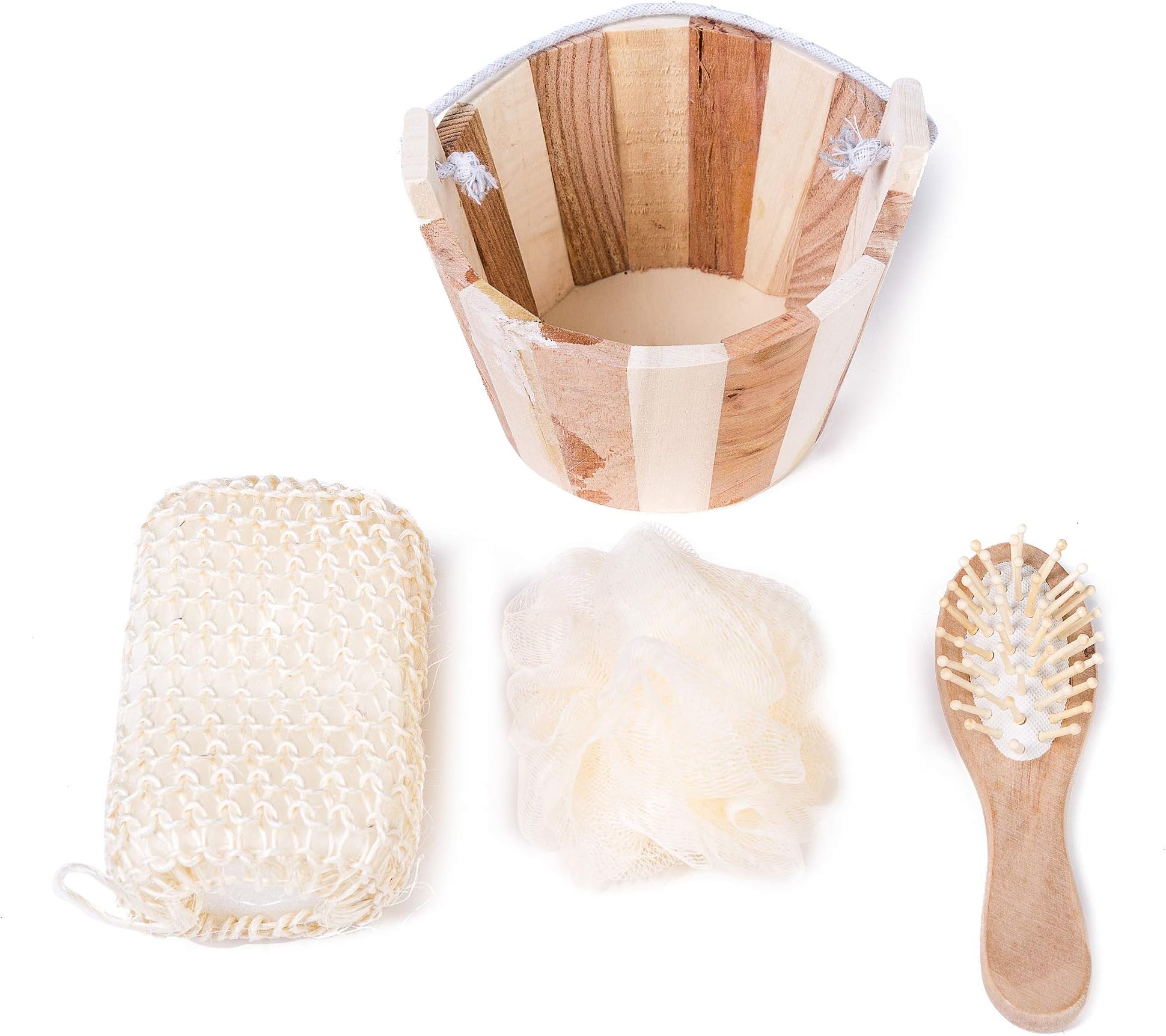 3 Piece Bamboo Bath Gift Set with Bamboo Bucket Holder Spa Supplies Bathroom Washcloth Loofah Sponge Accessories Eco Friendly Healthy 5.9 Inch