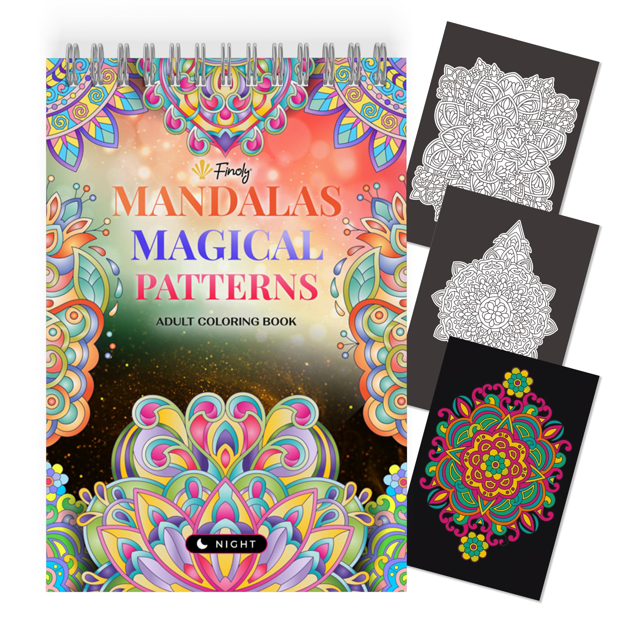 Finoly Mandala Colouring Books for Adults Reduces Stress | Adult Colouring Books for Women and Men in A4 | Mandalas Relaxation and Teens No Ink Bleed-Through Spiral Bound (Night)