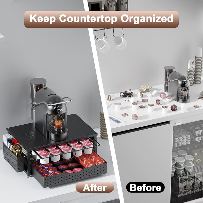 Support de dosettes de café K avec tiroir de rangement coulissant à 2 niveaux et 1 panier suspendu pour 51 grandes ou 73 petites capsules, accessoires de rangement pour comptoir, bureau, cuisine (noir