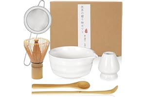 QUMMFA Matcha Whisk Set 6Pcs - Ceramic Matcha Bowl with Spout, Bamboo Matcha Whisk (Chasen), Matcha Whisk Holder & Sifter, Traditional Scoop (Chashaku) &Spoon, Ideal Matcha Accessories for Matcha Set (White)
