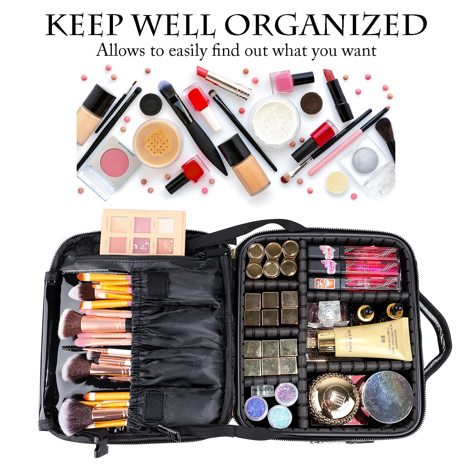 OEWOER Makeup Bag 2 Layers Cosmetic Organizer Case Portable Artist Travel Make up Storage Box with Shoulder Strap and Adjustable Dividers for Cosmetics Makeup Brushes Toiletry Accessories (Small)