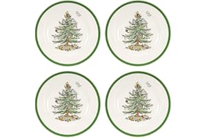 Spode Christmas Tree Salad Plate | Set of 4 Plates for Salad, Pasta, Appetizer, and Dessert | Made of Fine Earthenware | 8-In