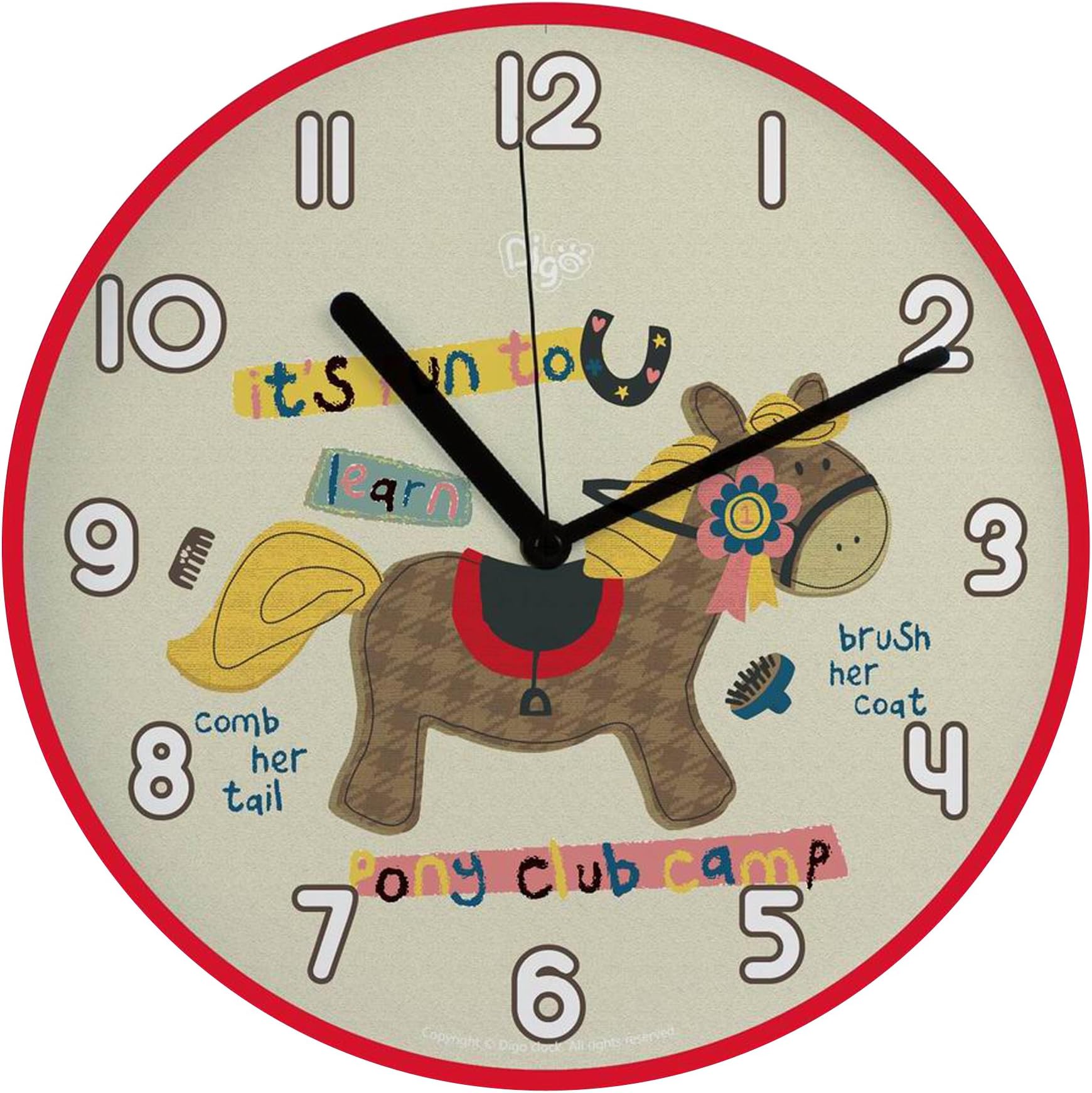 Mehousa 10” Silent Pony Horse Non Ticking Wall Clock for K | Ultra-Accurate Quartz Clocks for Children Nursery/Preschool/Playroom/Boys & Girls Bedroom