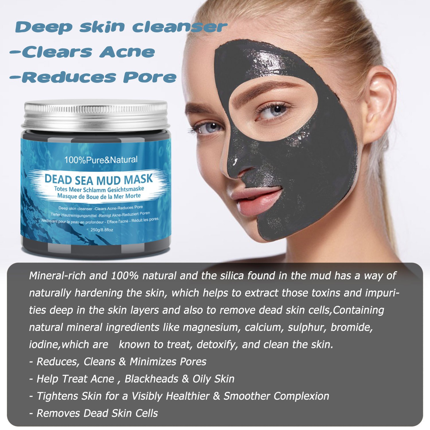 Wotek Mascarilla Facial de Barro de Mar Muerto, Mascarilla Hidratante Facial, Limpiadora Profunda - Elimina El Acné y Reduce Poro -100% Natural, Orgánica y Mineral