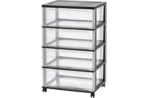 IRIS Plastic Storage Drawers, 4 Drawer Rolling Storage Cart with Wheels, Wide Plastic Drawer Organizer for Closet, Bedroom, B