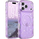 FABSPARK Case for iPhone 17 Pro Max,Compatible with MagSafe,Magnetic Clear Curly Wavy Frame Wave Case with Sparkly Bling Glitter,Transparent Acrylic Hard PC for iPhone 17 Pro Max,Glitter Clear Purple