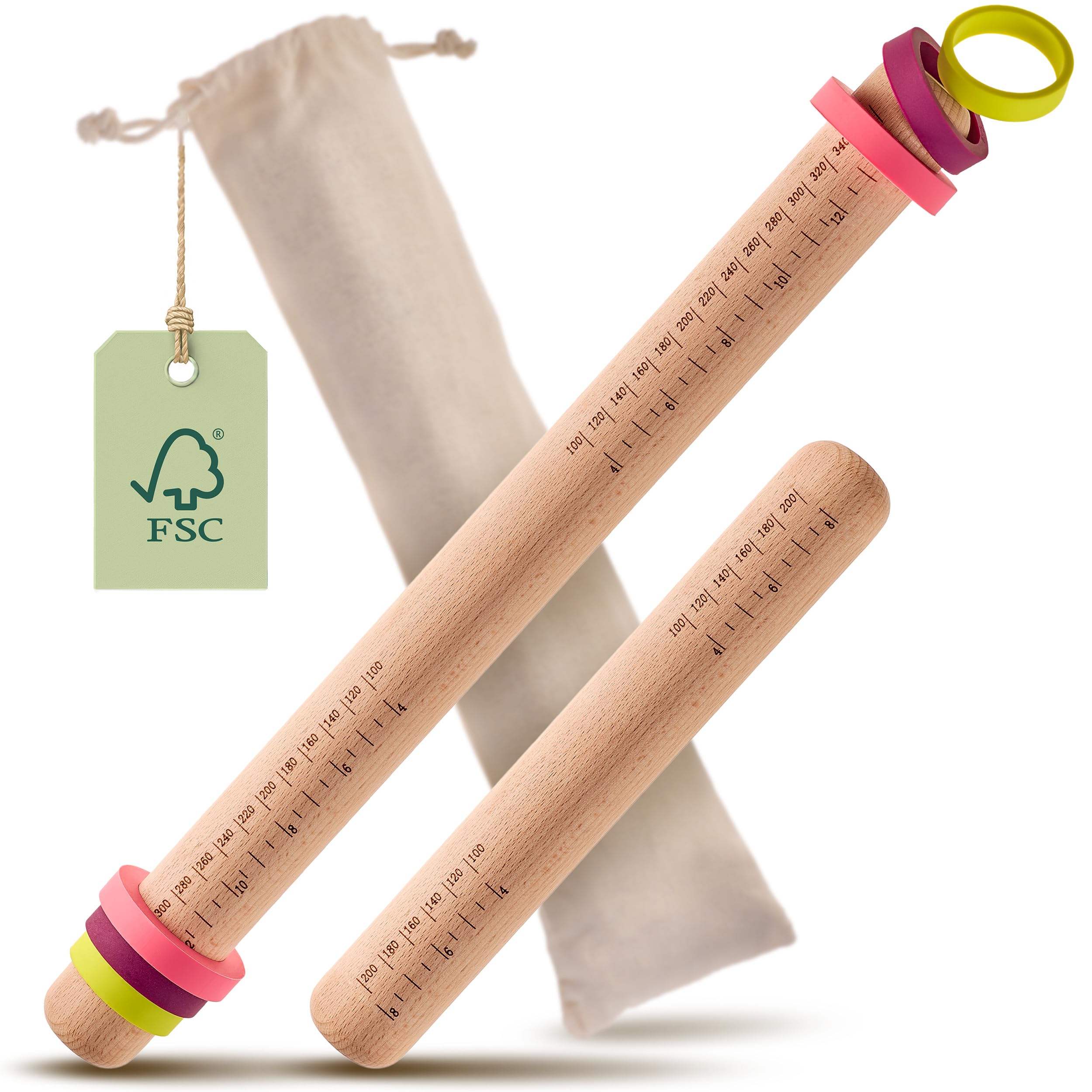 Wooden Rolling Pin with Spacers, Set of 2 - FSC® Sustainable Dough Roller for Even Rolling, Easy Cleaning & Family Baking