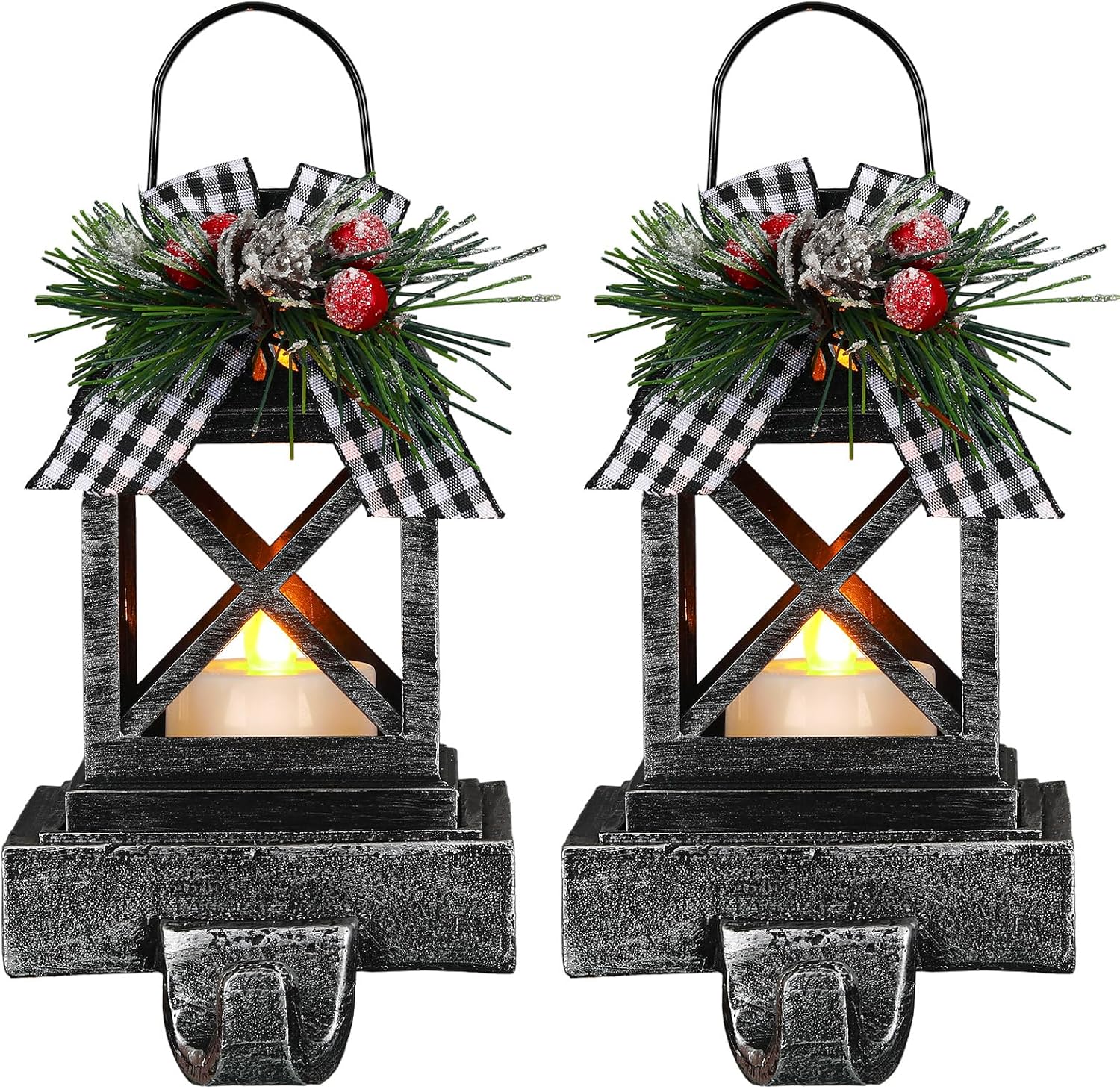 Ornament Hooks - Therwen 2 Pcs Christmas Lantern Stocking Holders Retro Xmas Hooks for Stockings Decorative Mantle Hooks Light up Stocking Holders for Mantle Christmas Stockings Hangers for Mantel Fireplace(Black)
