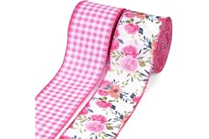 LaRibbons Floral Ribbon Wired 2 Rolls 2.5 Inch x 12 Yards TTL, Flower Pink and White Plaid Spring Summer Ribbon with Rose Printed for Wreath Crafts Wrapping Bow