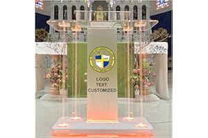 Church Pulpit for Churches Customized Text and Logo, Acrylic Podium with Led Lights, Podium with Wheels& Spacious Reading Pla