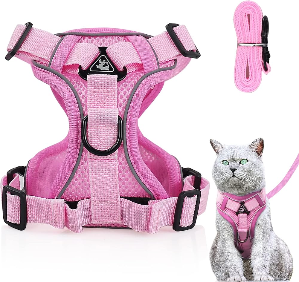 Grantop Cat Harness and Lead Set Adjustable Reflective Light Pink S